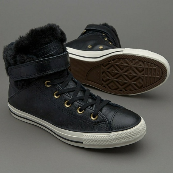 converse black leather faux fur lined hi trainers